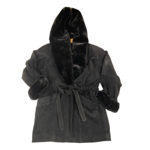 Womens G-III Vintage Leather Suede Jacket with Plush Shawl Hood, Black, M, NWOT